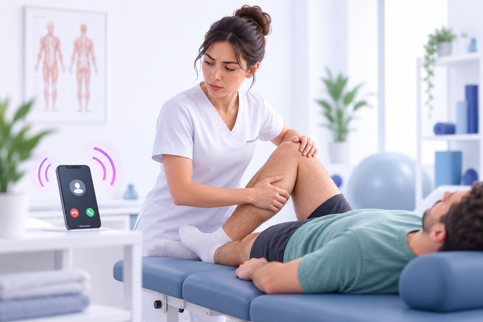 Fisioterapeuta atendiendo a un paciente mientras recibe una llamada